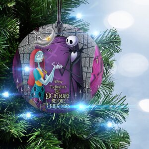 Nightmare Before Christmas Jack and Sally with Zero Hanging Glass Ornament