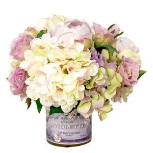 Mixed Hydrangea and Rose Arrangement in Decoupage Pot