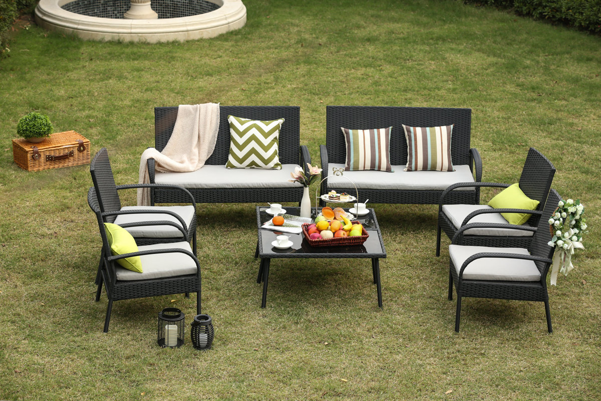 Wrought Studio Auclair Wicker Patio 8 Piece Rattan Conversation Set Auclair Wicker Patio 8 Piece Rattan Conversation Set With Cushions