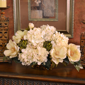 Magnolia and Hydrangea Silk Floral Centerpiece