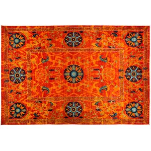 One-of-a-Kind Suzani Hand-Knotted Orange Area Rug