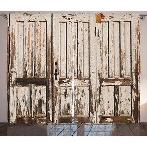 Bessie Rustic Vintage House Entrance with Vertical Lined Old Planks Distressed Hardwood Design Graphic Print & Text Semi-Sheer Rod Pocket Curtain Panels (Set of 2)