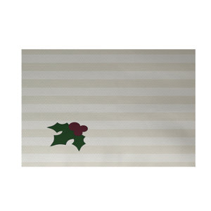 Holly Tones Decorative Holiday Stripe Print Ivory Cream Indoor/Outdoor Area Rug