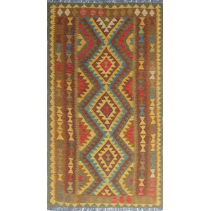 One-of-a-Kind Vallejo Kilim Piraye Hand-Woven Wool Gold Area Rug