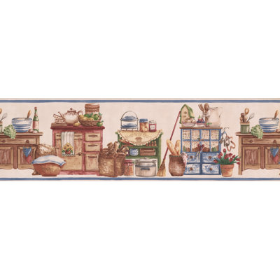 Bourke vintage kitchen wooden chests food jars baskets bowls country 7 l x 180 w wallpaper border Bourke vintage kitchen wooden chests food jars baskets bowls country 7 l x 180 w wallpaper border