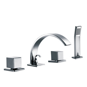 Double Handle Deck Mount Tub Filler Trim with Personal Hand Shower and Sheet Flow Spout