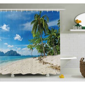 Phoebe Landscape Exotic Botanic Island Near Seashore Palms Mountains Clear Bright Sky Photo Shower Curtain
