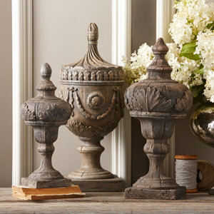 3 Piece Antique Gray Ceramic Decorative Urn Set