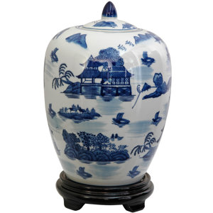 Christiane Porcelain Vase Jar with Blue Landscape Design in White