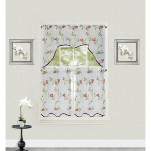 Drooks Floral Embroidered Semi Sheer Kitchen Curtain