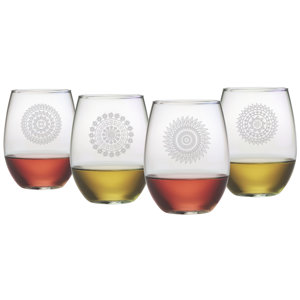 4 Piece Mandalas Stemless 21 oz. Wine Glass Set (Set of 4)