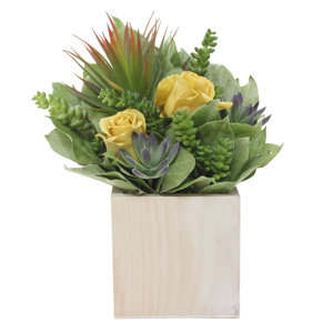Succulents Roses and Leaves Natural Centerpiece in Planter