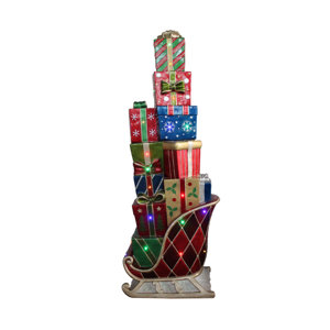 LED Lighted Commercial Grade Sleigh Stacked with Presents Fiberglass Christmas Decoration