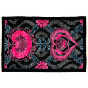 One-of-a-Kind Suzani Hand-Knotted Black Area Rug