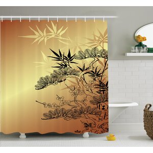 Raya Japanese Asian Branches and Bamboo Motifs With Showy Leaf Nature Illustration Art Shower Curtain