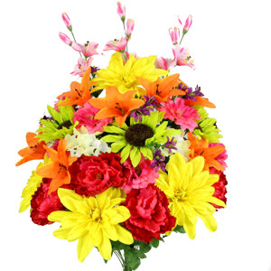 Artificial New Dahlia, Sunflower, Peony, Hydrangea Mixed Flower Bush with Greenery