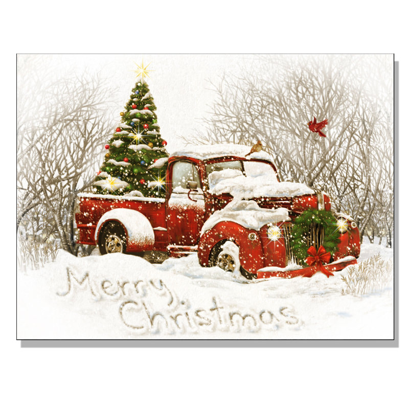 Vintage Christmas Tree Truck By Opportunities Framed Acrylic Painting Print Canvas In Red White
