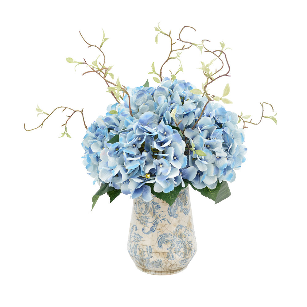 Hydrangea Floral Arrangements With Vines In Rustic Vase
