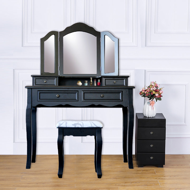Alcott Hill Hilburn Wood 4 Drawer Vanity Set With 3 Folding Mirror Hilburn Wood 4 Drawer Vanity Set With 3 Folding Mirror