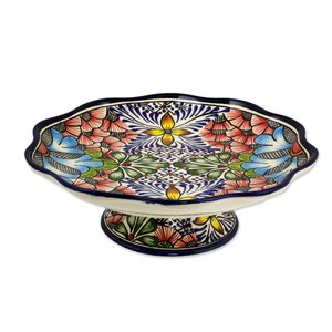 Fair Trade Multicolored Floral Bowl 'Stars and Flowers'  Mexican Ceramic Pedestal Fruit and Serving Bowl