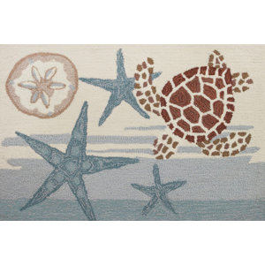 Claverack Coastal Turtle Hand Hooked Blue/Beige Area Rug