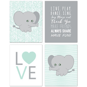 4 Piece Cute Baby Elephant Wrapped Canvas Art Set (Set of 4)