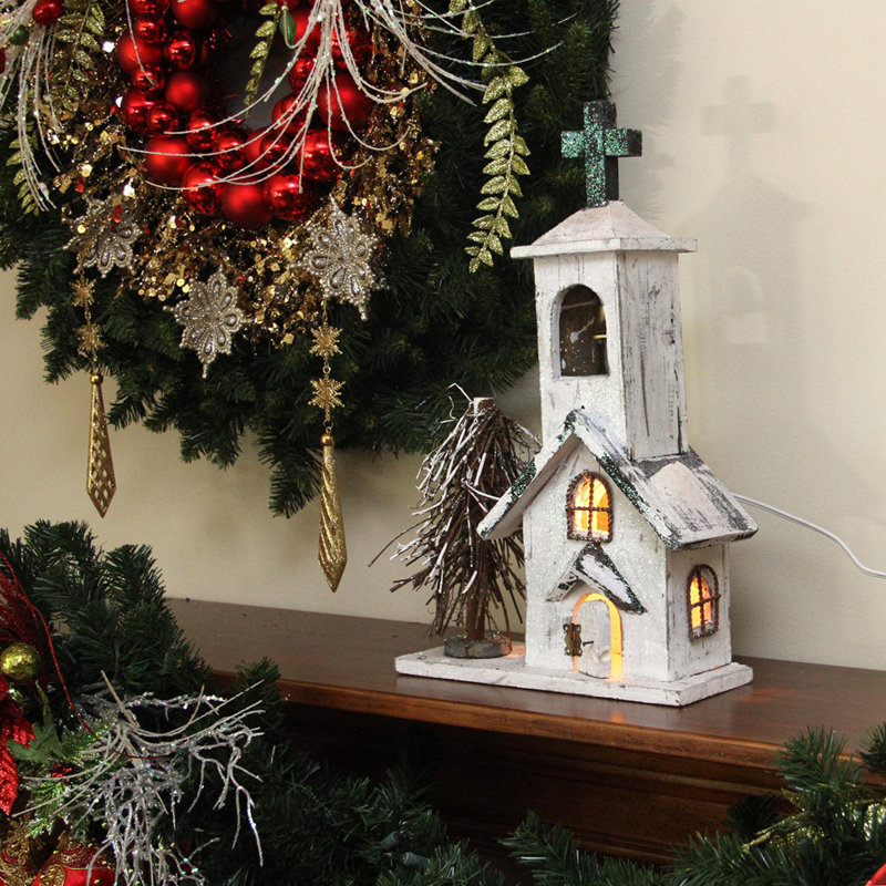 Northlight Lighted Snowy White Glitter Wooden Church Christmas Table