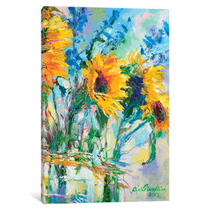 Sunflowers in Glass Bottles Painting Print on Wrapped Canvas