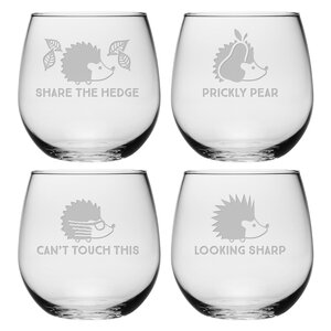4 Piece Hedgehog Humor 16.75 oz. Stemless Wine Glass Set