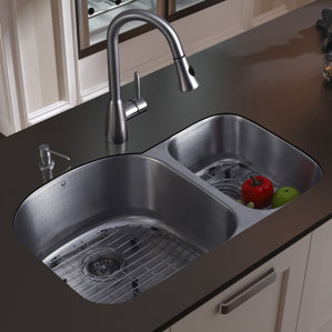 VIGO 31 inch Undermount 70/30 Double Bowl 18 Gauge Stainless Steel Kitchen Sink with Aylesbury Stainless Steel Faucet, Two...