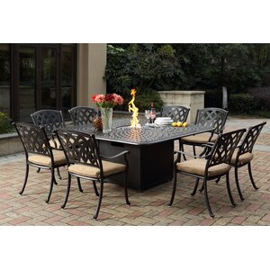 Campton 9 Piece Dining Set with Firepit and Cushion