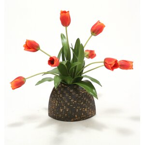 Red-Orange Tulips in a Slim Bamboo Envelope Vase