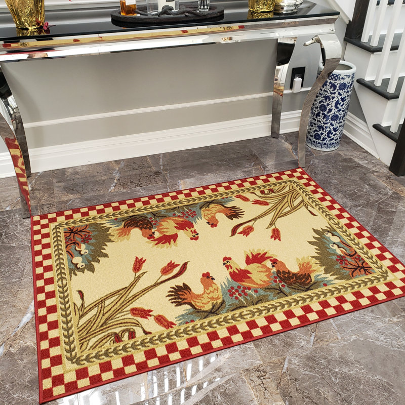 Three Posts Harmon Rooster Checkered Cream Red Kitchen Area Rug Harmon Rooster Checkered Cream Red Kitchen Area Rug