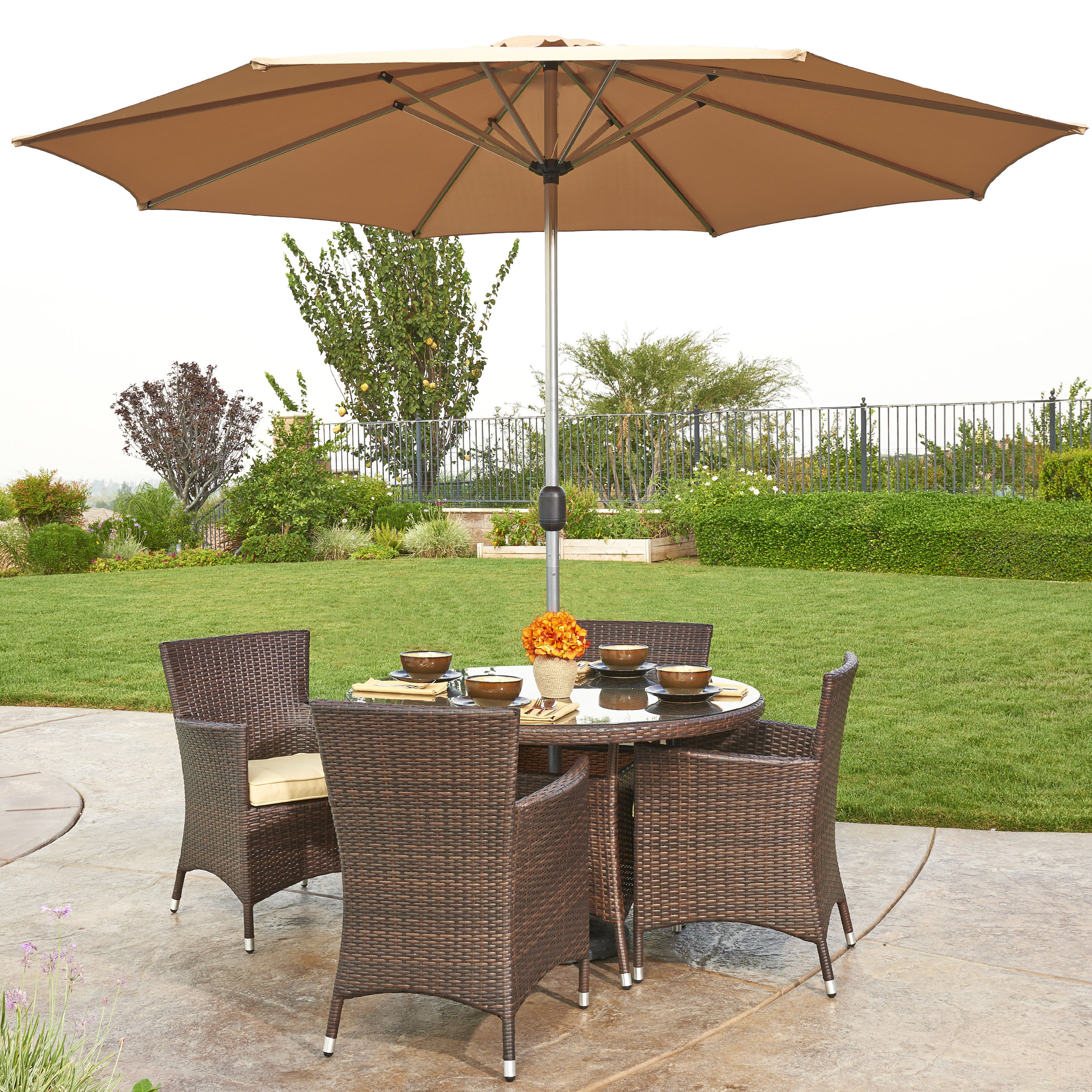 W Unlimited Gita 6 Piece Outdoor Wicker Dining Set With Cushions And W Unlimited Gita 6 Piece Outdoor Wicker Dining Set With Cushions And Umbrella Wayfair Ca