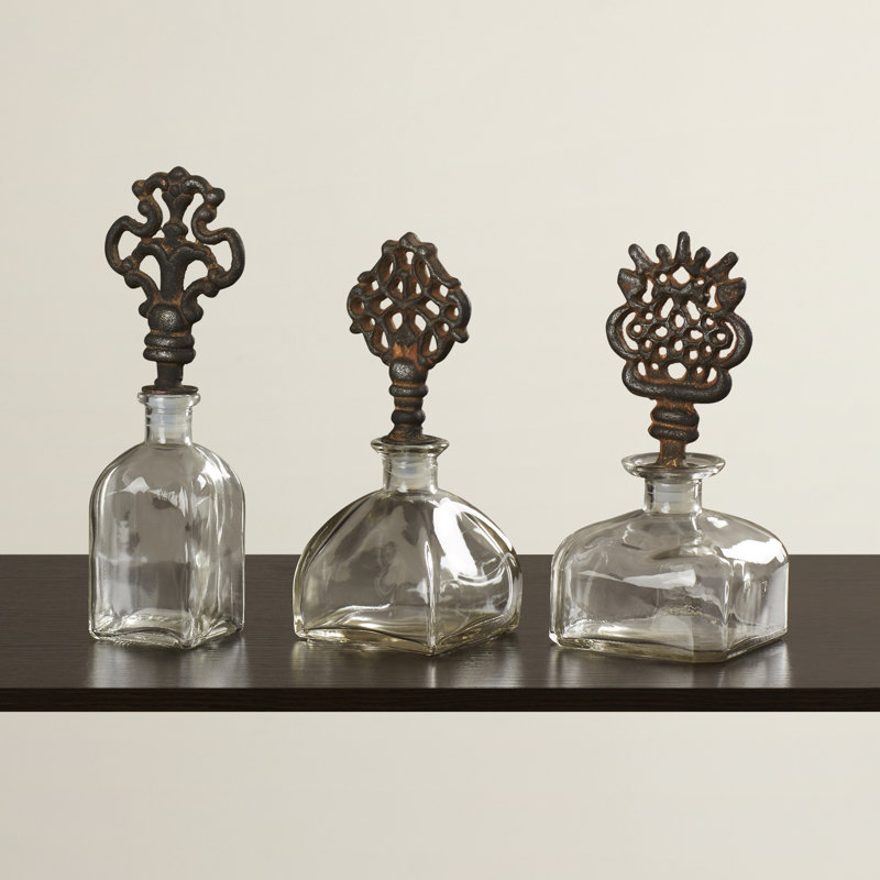 World Menagerie 3 Piece Glass Metal Stopper Decorative Bottle Set