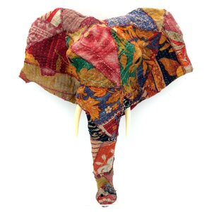 Vintage Sari Fabric Long Nose Elephant Head Wall Du00e9cor