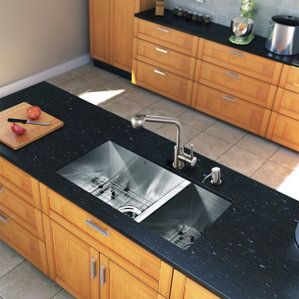 VIGO 29 inch Undermount 70/30 Double Bowl 16 Gauge Stainless Steel Kitchen Sink with Avondale Stainless Steel Faucet, Two ...