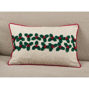 Houx De Noel Holly Leaf with Jingle Bells Christmas Holiday Lumbar Pillow