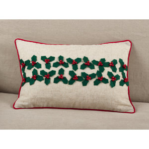 Houx De Noel Holly Leaf with Jingle Bells Christmas Holiday Lumbar Pillow