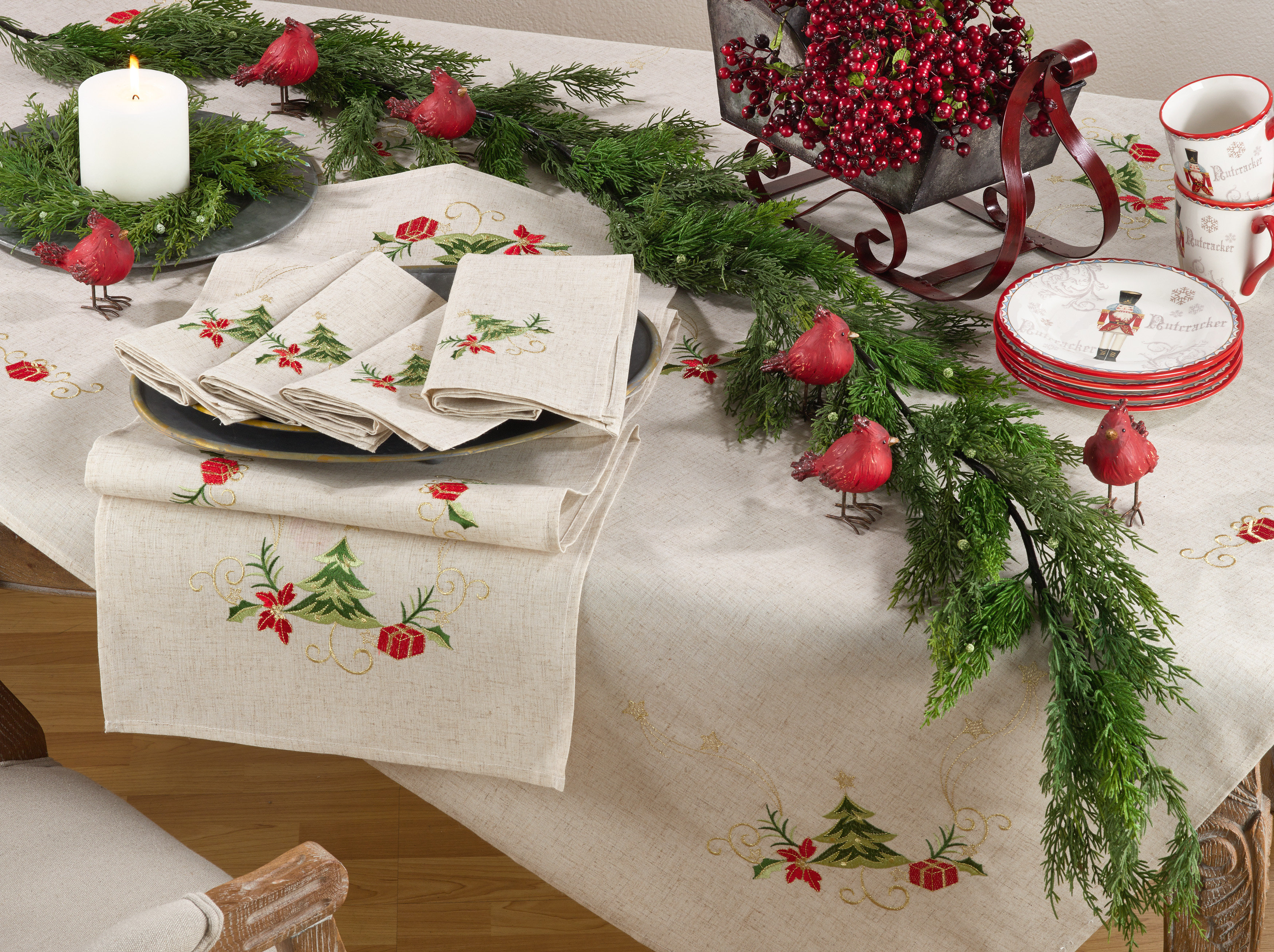 The Holiday Aisle Embroidered Christmas Tree Design Linen The Holiday Aisle Embroidered Christmas Tree Design Linen Blend Tablecloth Reviews Wayfair