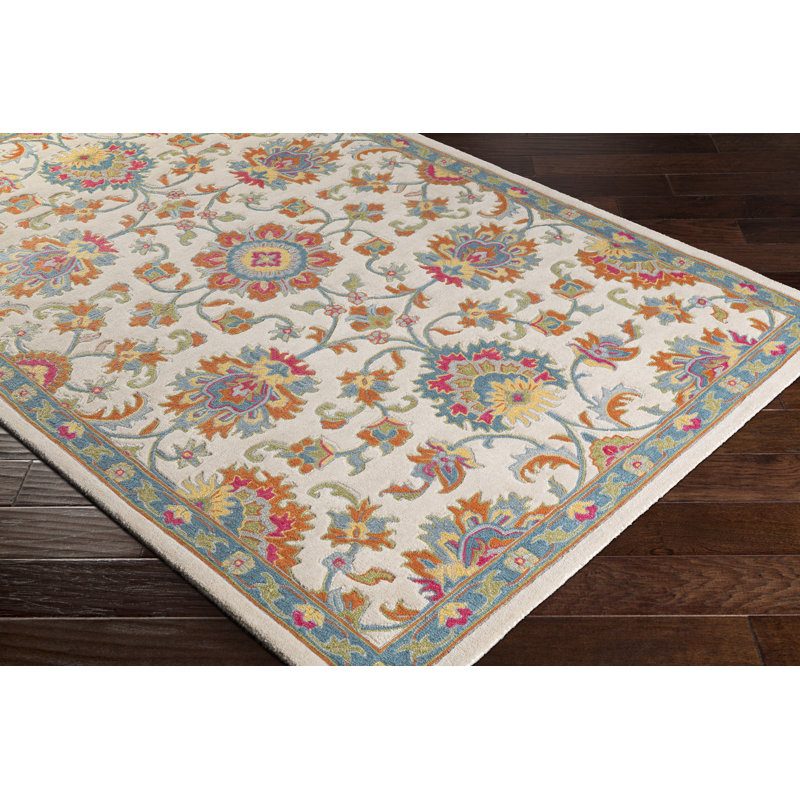 Bungalow Rose Edgerly HandTufted Wool Burnt Orange/Cream/Aqua Area Rug