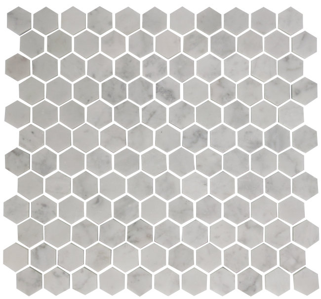 Susanjablon Hexagon Offset 1 X Carrara Marble Mosaic Tile In Hexagon Offset 1 X Carrara Marble Mosaic Tile