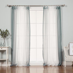 Sav Border Faux Linen Abstract Sheer Tab Top Curtain Panels (Set of 2)
