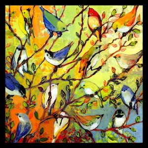'Tree Birdies - Colorful of Birds in a Tree' by Jennifer Lommers Framed Painting Print
