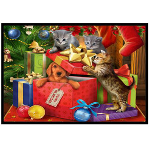 Kittens Return Puppy to Santa Claus Doormat