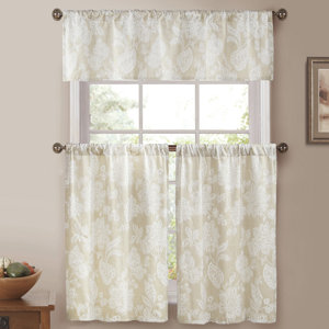 Alcester 3 Piece Linen Pole Top Jacquard Kitchen Curtain Set