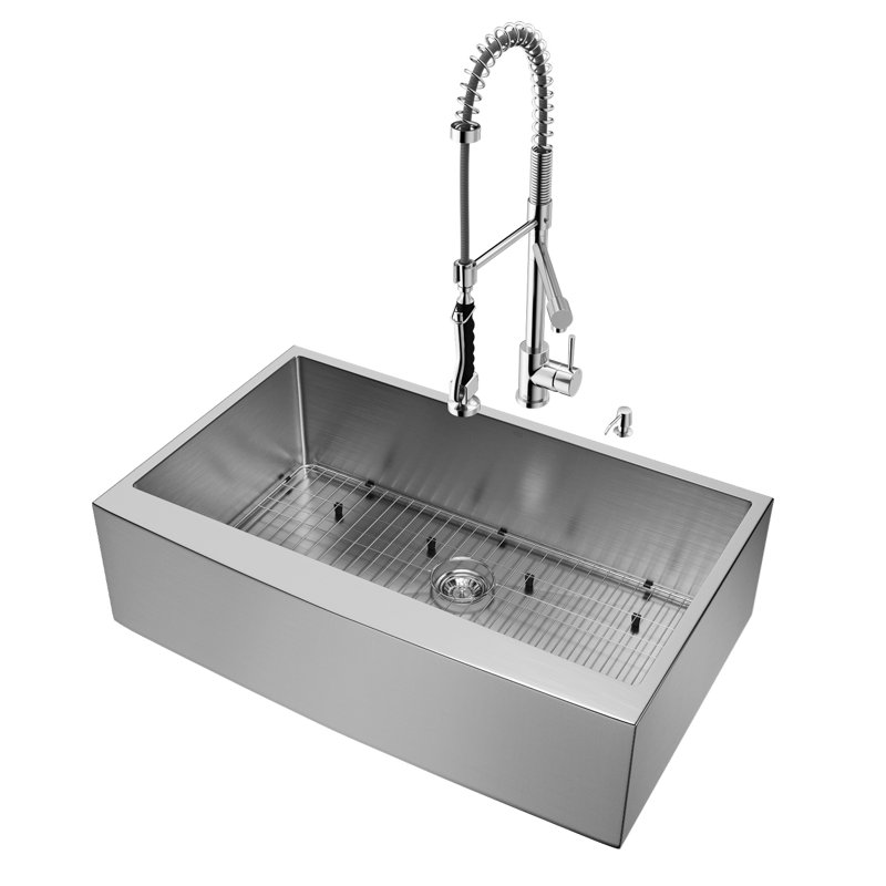 VIGO 36" x 23" Farmhouse Kitchen Sink with Faucet, Grid, Strainer and