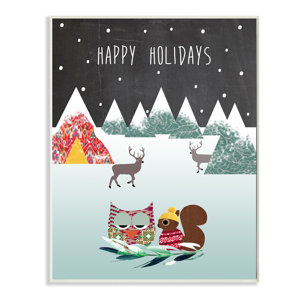 Happy Holidays with Owl and Chipmunk Graphic Art Print