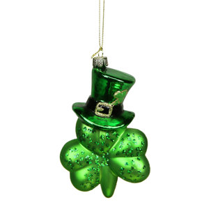 Luck of the Irish Top Hat Shamrock Leaf Glass Christmas Ornament