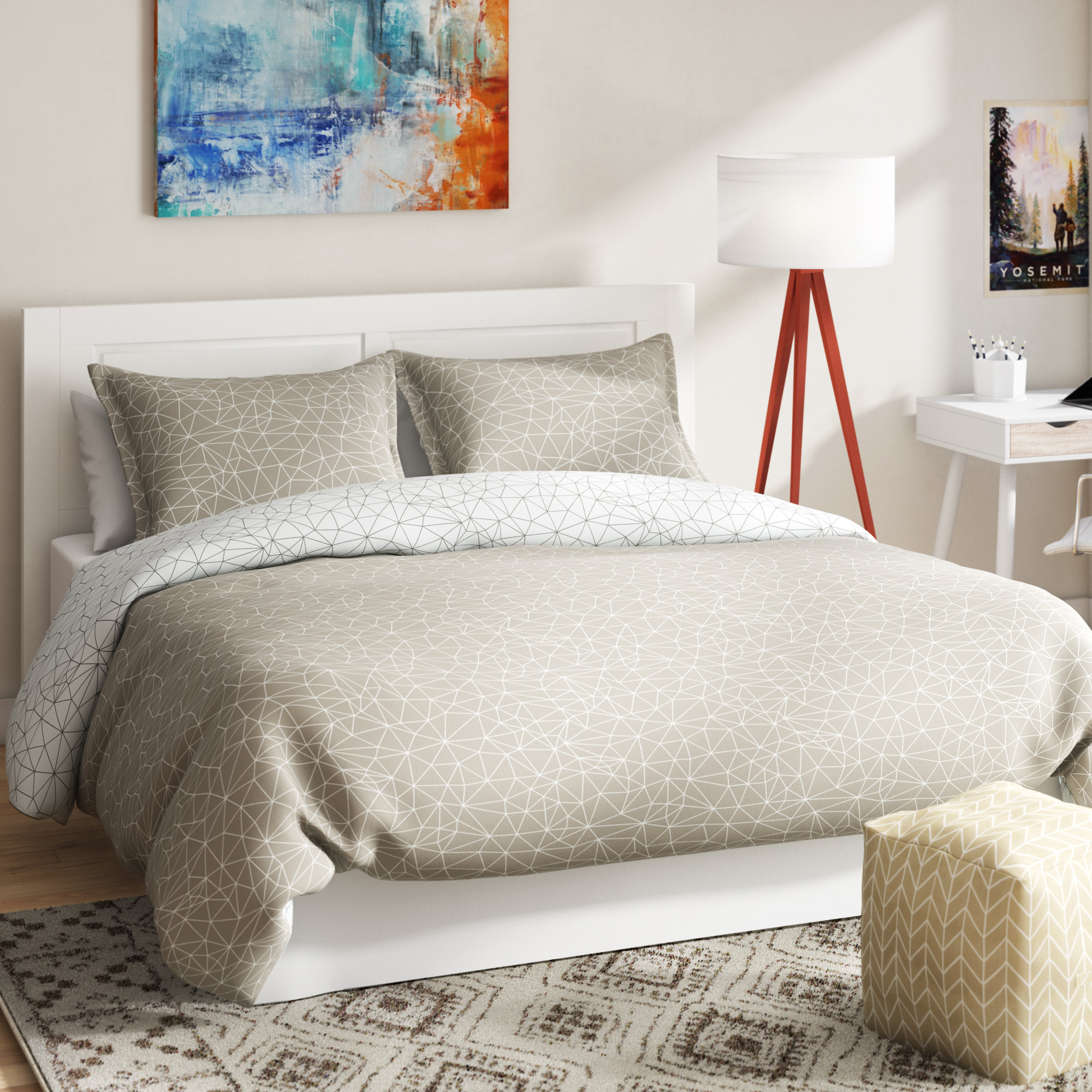 Geometric Pattern Reversible Textured Quilt Set Polyester Taupe Twin//Twin XL